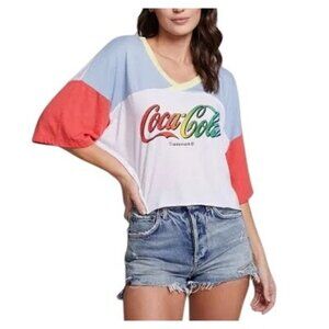 CHASER COCA-COLA Graphic Crop Top Sz L White Colorblock VNeck Cotton Oversized